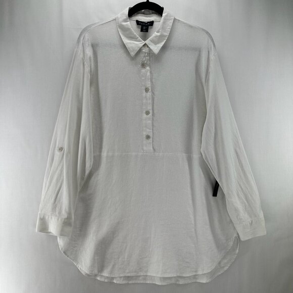 Tahari Tops - Tahari Tunic Top Sz L Linen Blend Collared Button Up Long Sleeve Curve Hem White